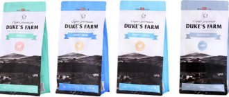 Duke&#39;s Farm dog food overview of composition and prices